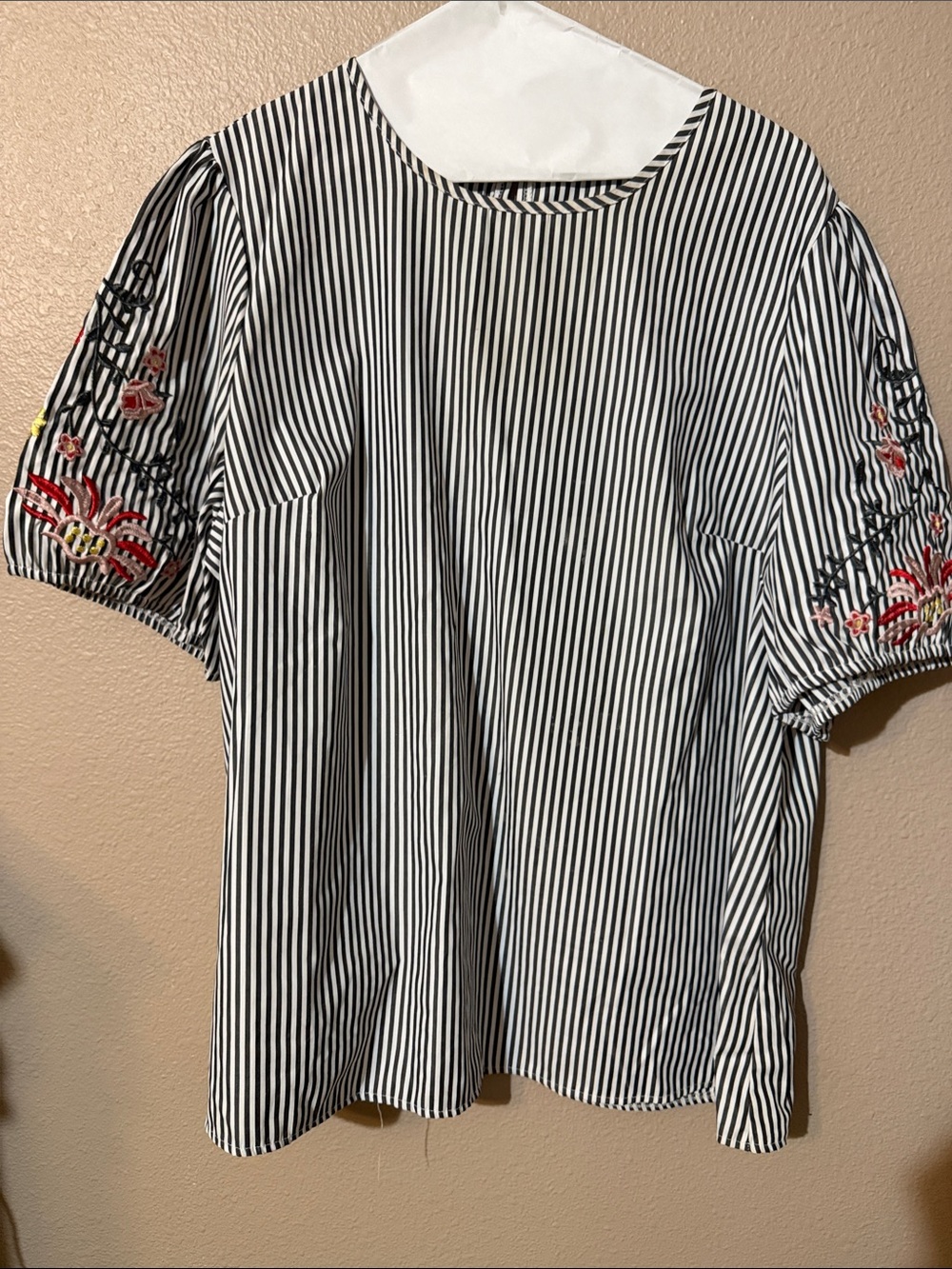 Grey and White Striped Blouse with Floral Embroidered Puff Sleeves